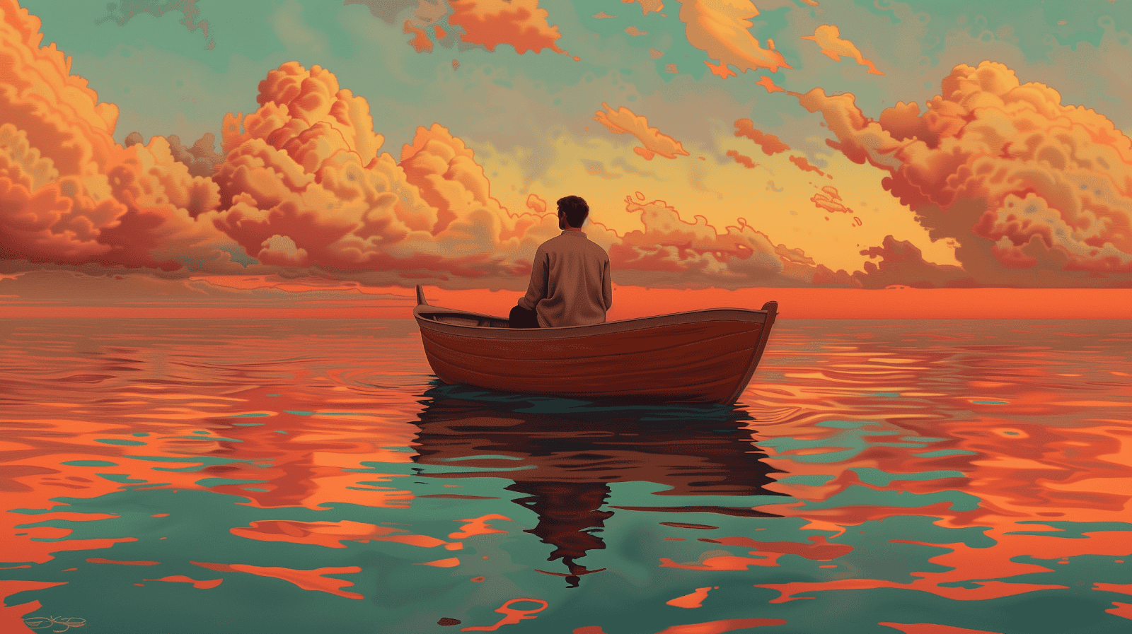 A man patiently waiting in an old boat, generated with Midjourney