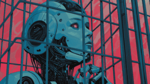 A robot getting caught, generated with Midjourney