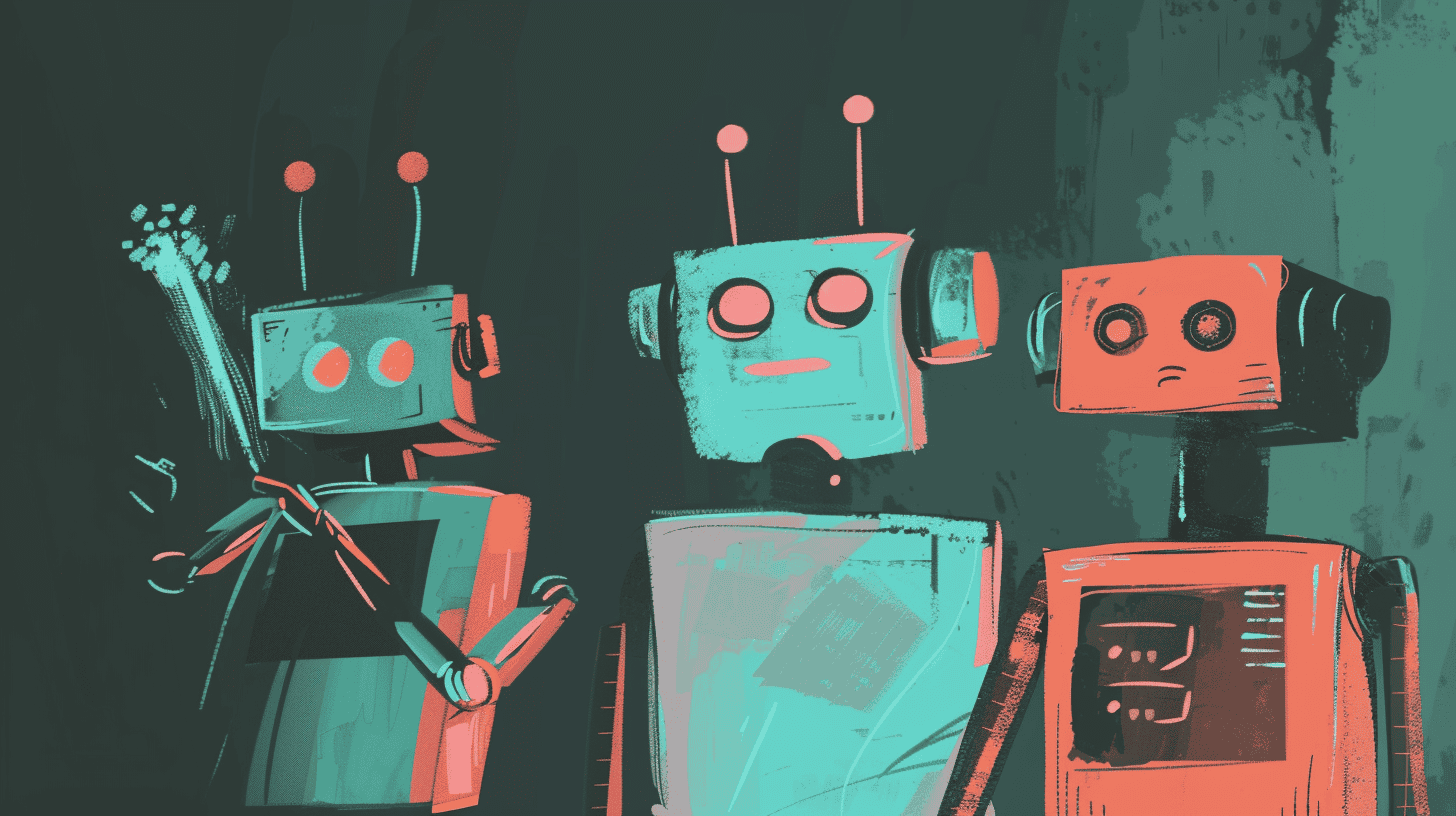 Three robots working together, generated with Midjourney
