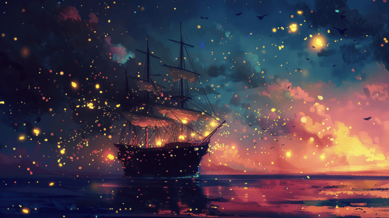 A ship midjourney getting swarmed by fireflies, generated with Midjourney