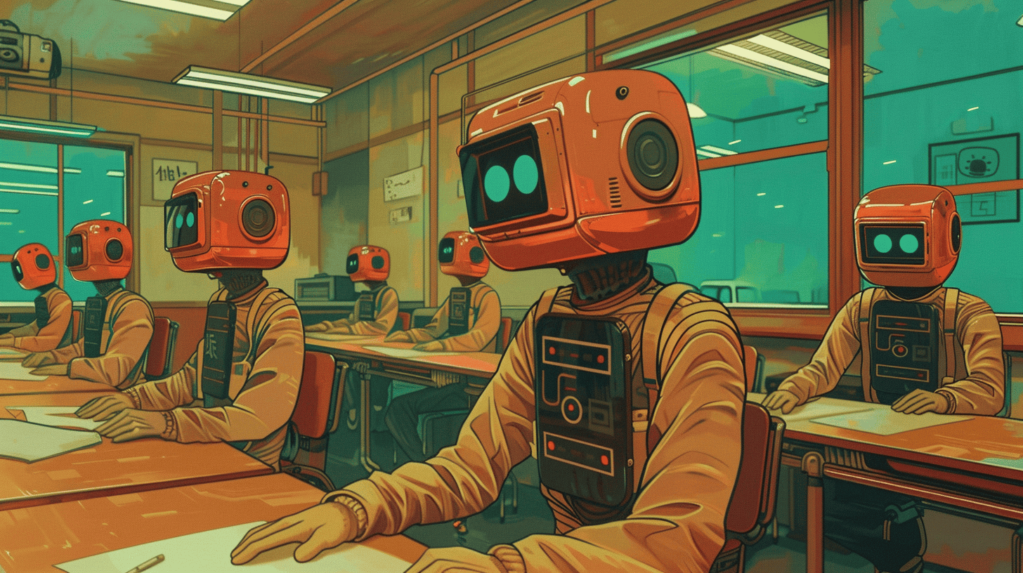 Students becoming AI, generated with Midjourney