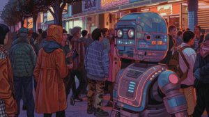 A robot trying to blend in with humans, generated with Midjourney