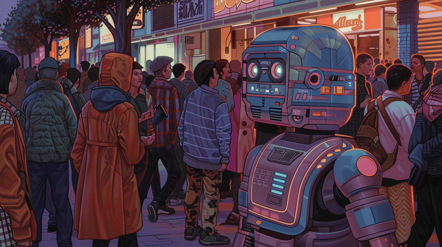 A robot trying to blend in with humans, generated with Midjourney
