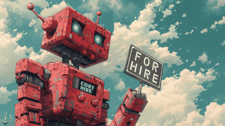 An AI with a FOR HIRE sign, generated with Midjourney