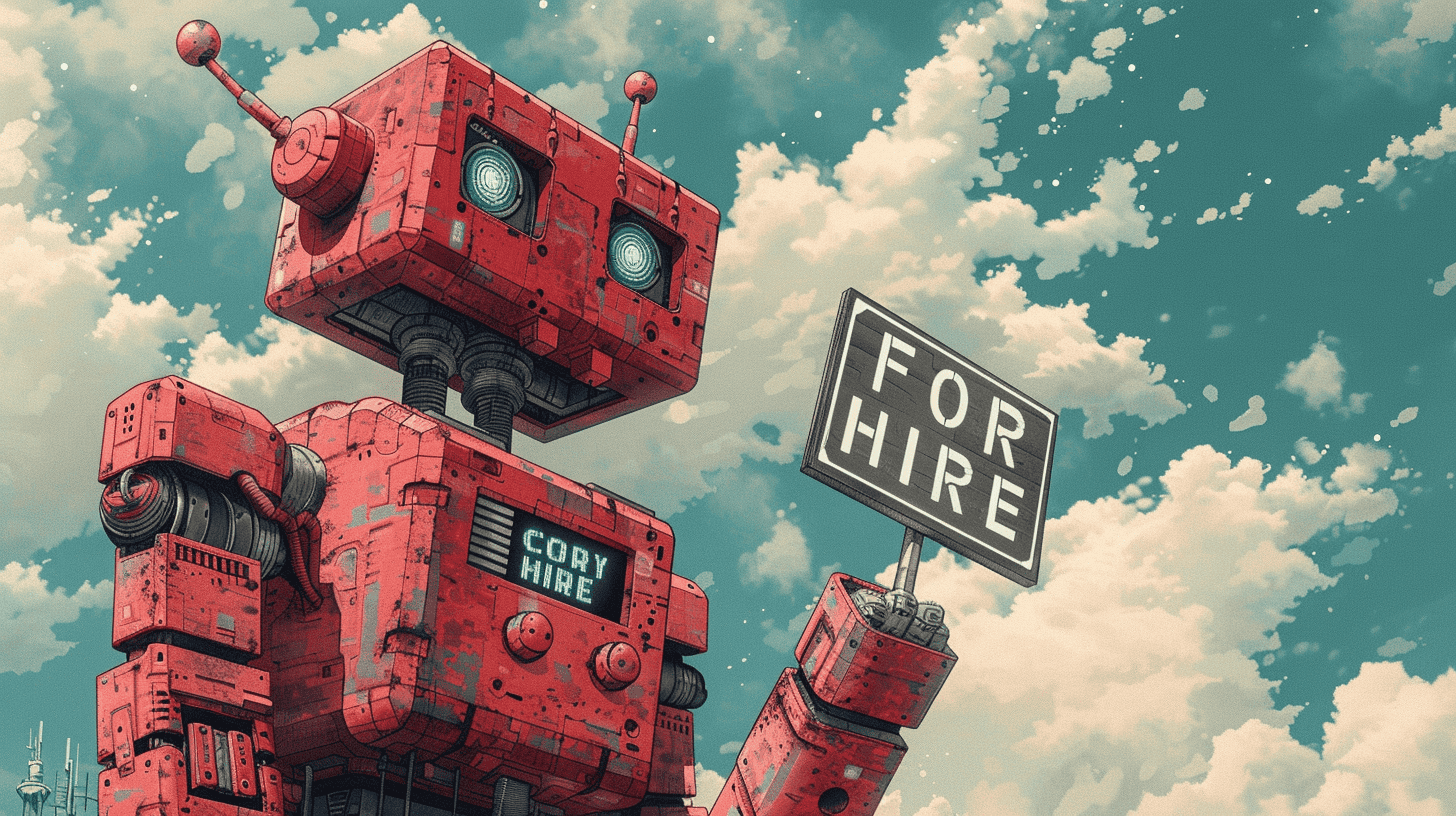 An AI with a FOR HIRE sign, generated with Midjourney