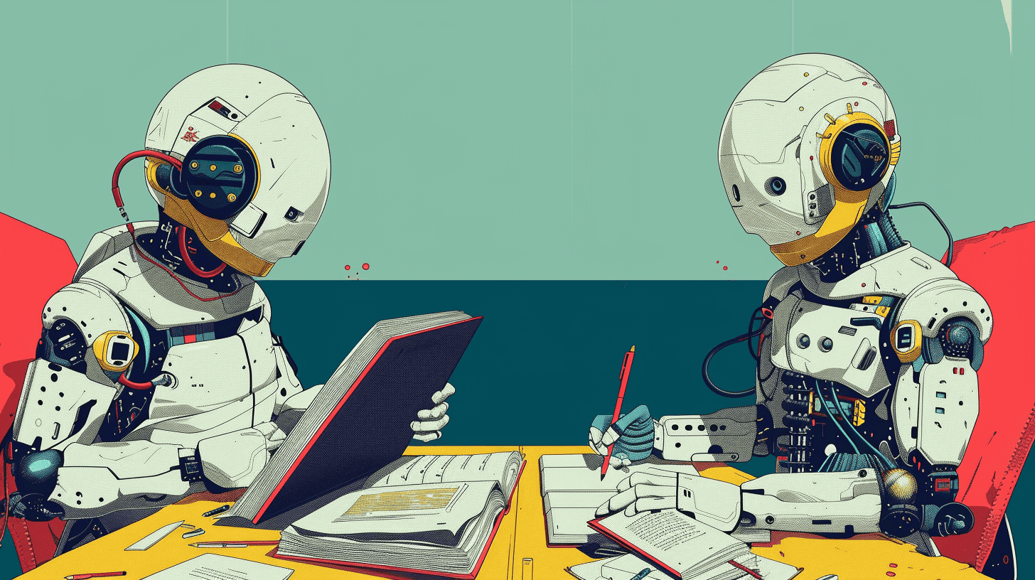 Two robots writing a book, generated with Midjourney
