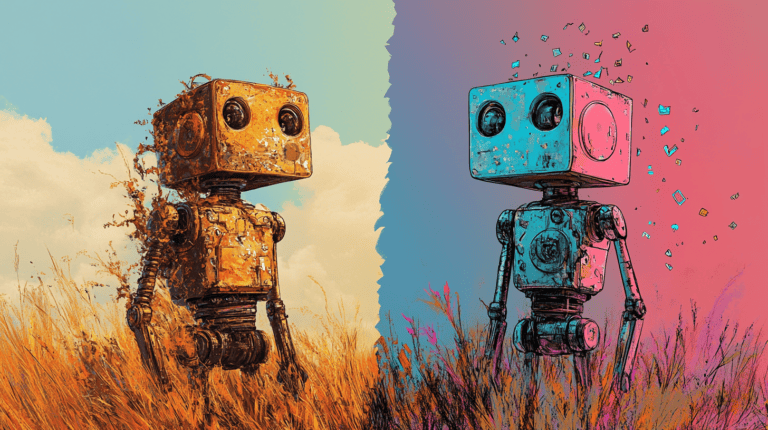 Two versions of the same robot: one old and rusty, the other new and colorful, generated with Midjourney