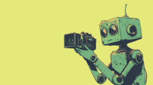 A green robot with a video camera, generated with Midjourney