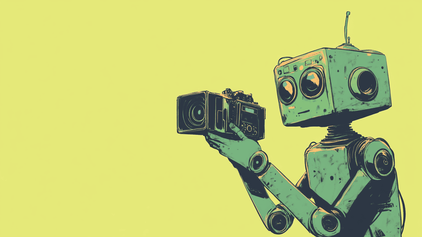 A green robot with a video camera, generated with Midjourney