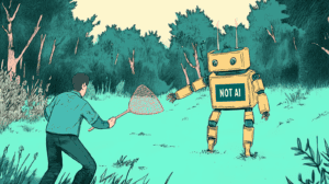 A human trying to catch a robot, generated with Midjourney
