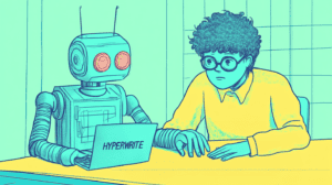 An AI helping a student with his essay, generated with Midjourney