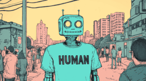 A robot passing as human, generated with Midjourney