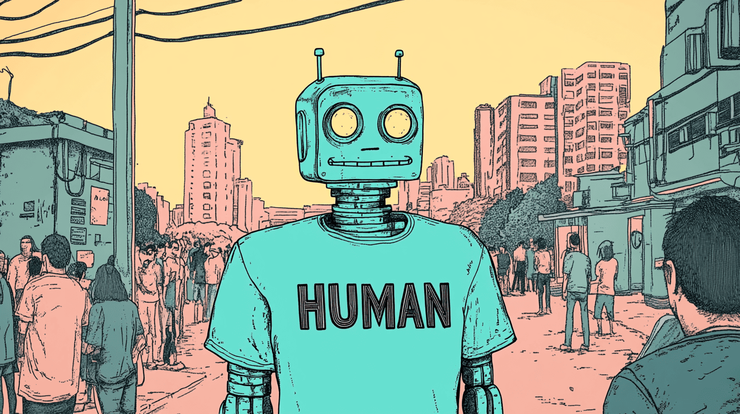 A robot passing as human, generated with Midjourney