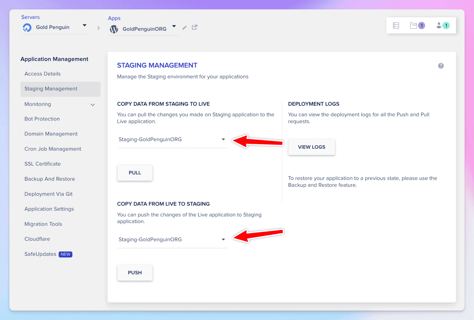 Staging management for Cloudways, allow you to copy and push data with the click of a button