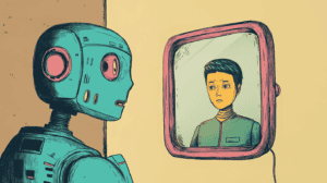 A robot trying to look more like a human, generated with Midjourney
