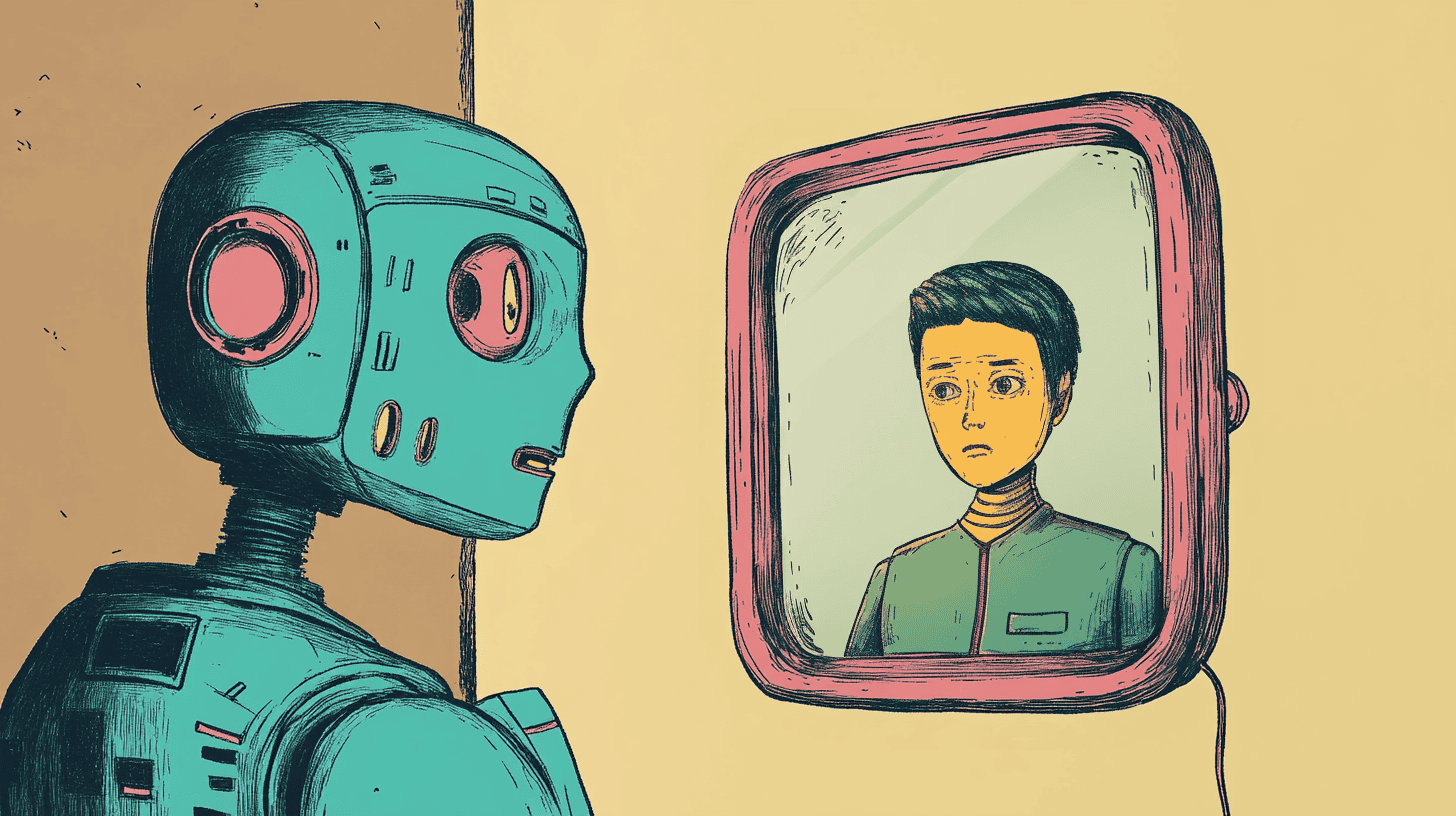 A robot trying to look more like a human, generated with Midjourney