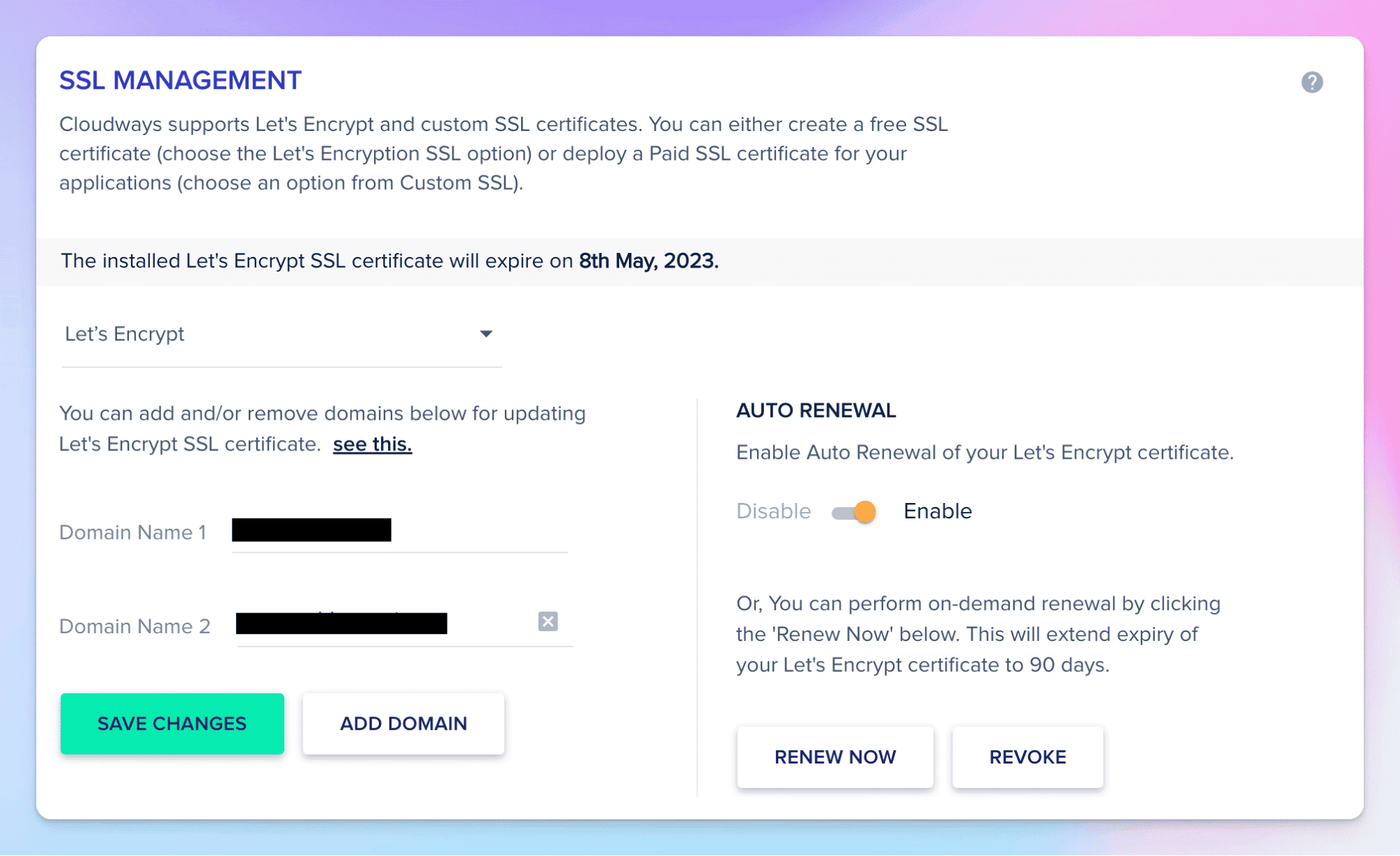 SSL Management screen for Cloudways digital hosting