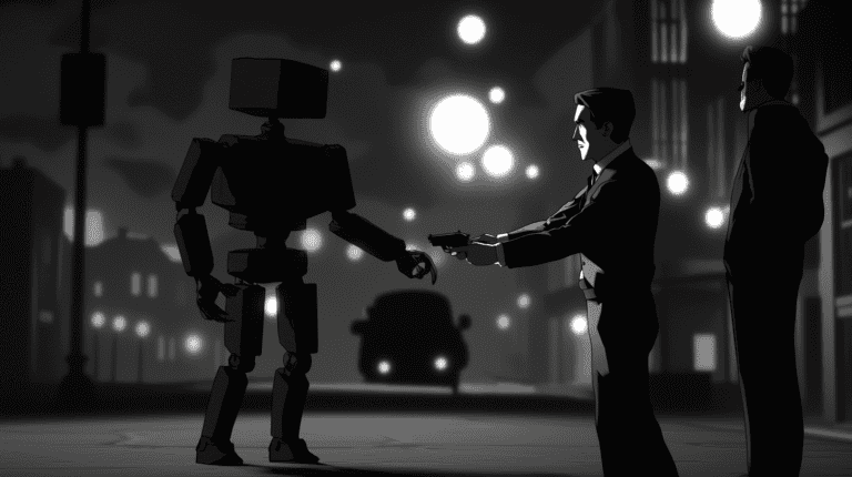 A detective apprehending a robot, generated with Midjourney
