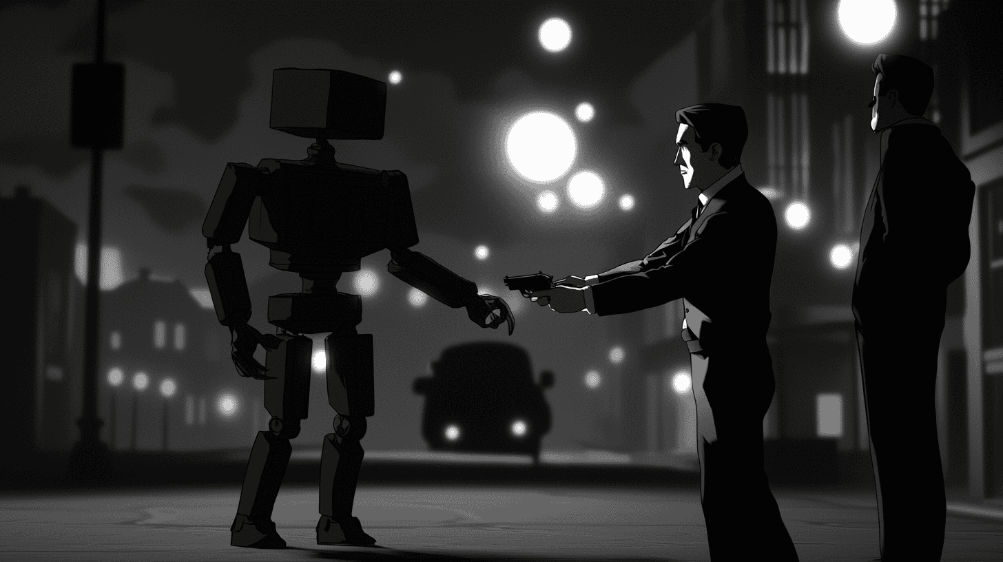 A detective apprehending a robot, generated with Midjourney