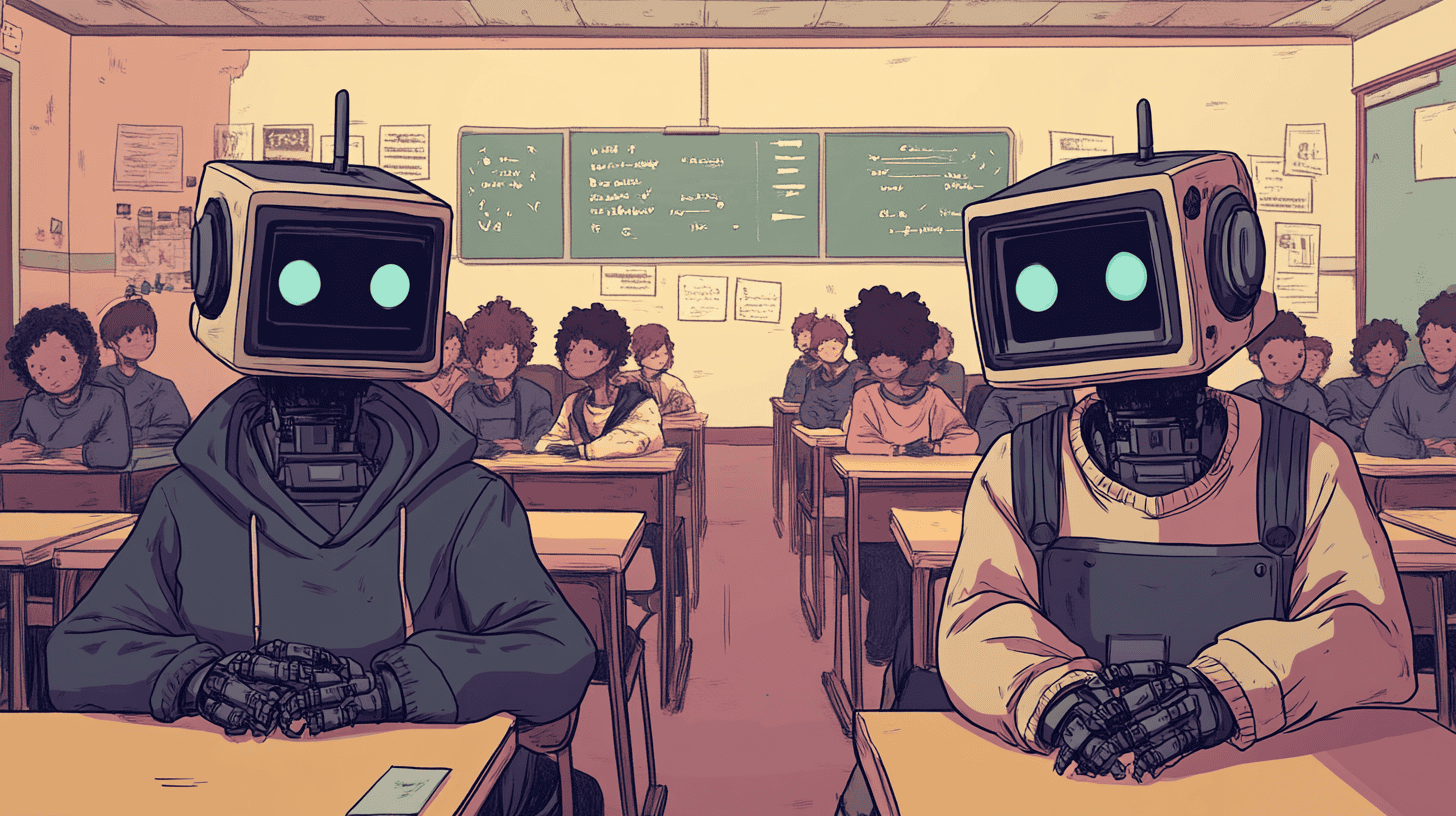Robot pretending to be students, generated with Midjourney