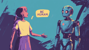 A schoolgirl telling an AI to be human, generated with Midjourney