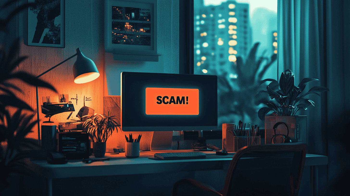 A scam alert, generated with Midjourney
