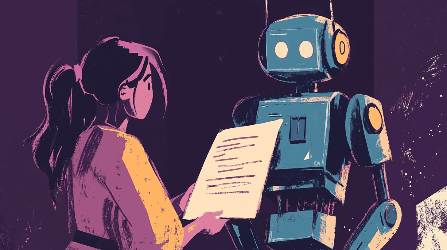 A student asking a robot to proofread her essay, generated with Midjourney