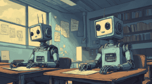 Two AI robots writing an essay, generated with Midjourney