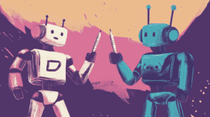 Two AI robots using pencils to fight, generated with Midjourney