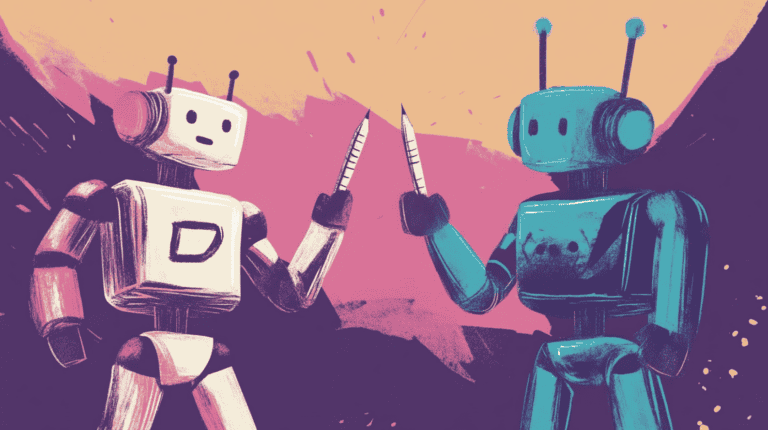 Two AI robots using pencils to fight, generated with Midjourney