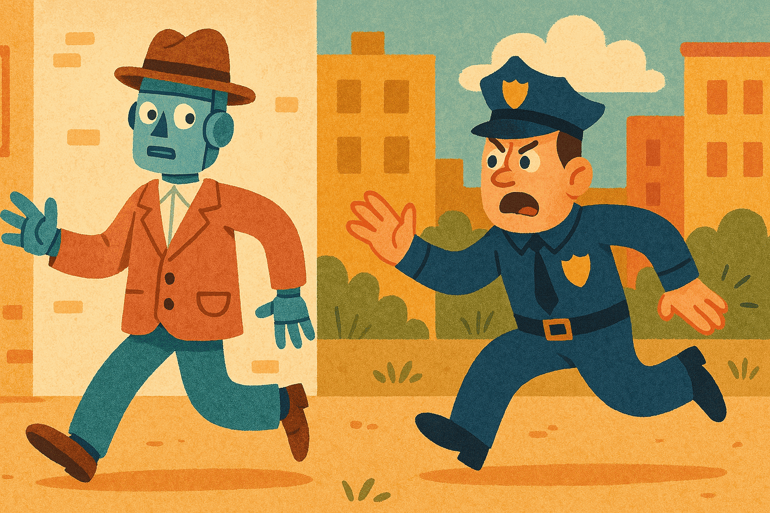 A police detective chasing a robot pretending to be human, generated with GPT-4o