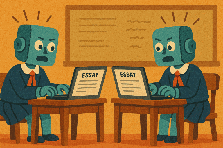 Two AI robots desperately trying to finish their essays, generated with GPT-4o