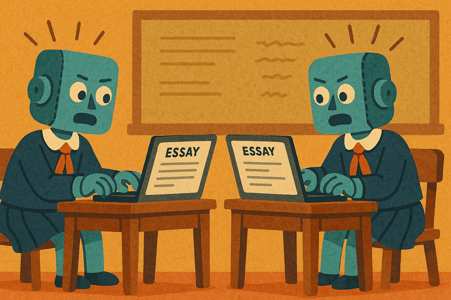 Two AI robots desperately trying to finish their essays, generated with GPT-4o
