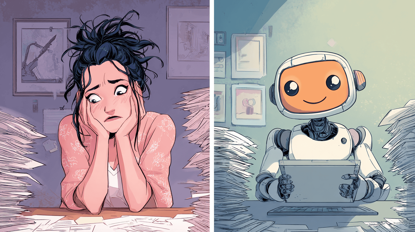 A stressed job seeker vs. a relaxed robot, generated with Midjourney