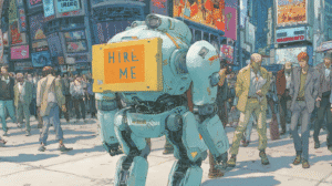 A robot carrying the load of a job seeker, generated with Midjourney