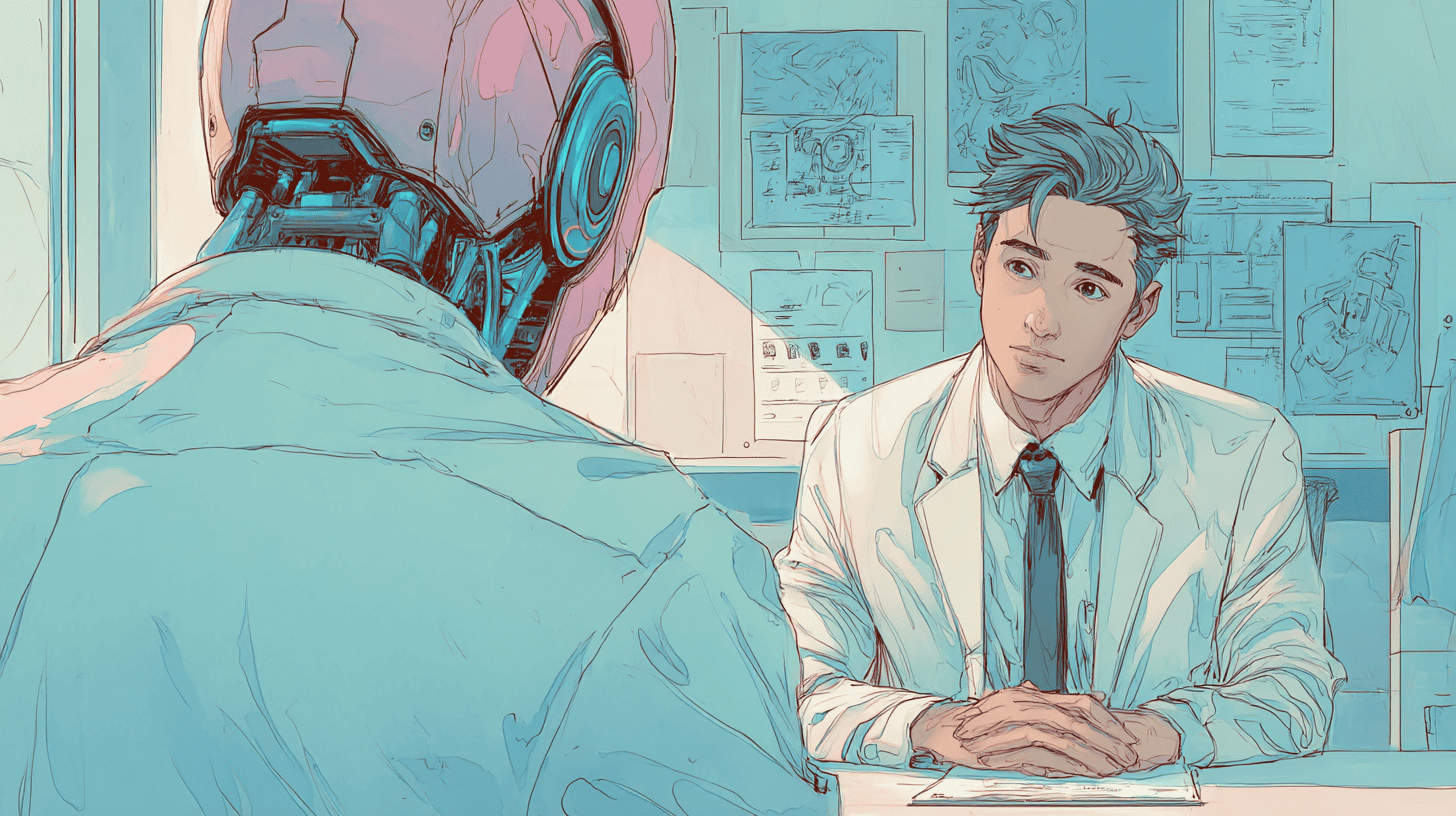 An AI on a job interview, generated with Midjourney