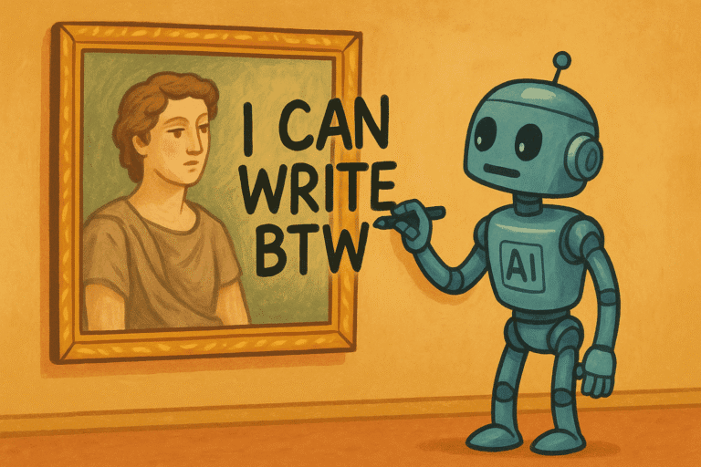 An AI robot telling an artwork that it can write, generated with 4o