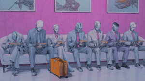 Seven robots waiting for their interview, generated with Midjourney