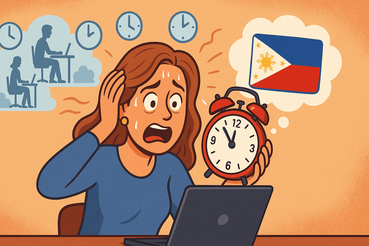 A woman struggling to manage her Filipino VA team, generated with GPT-4o