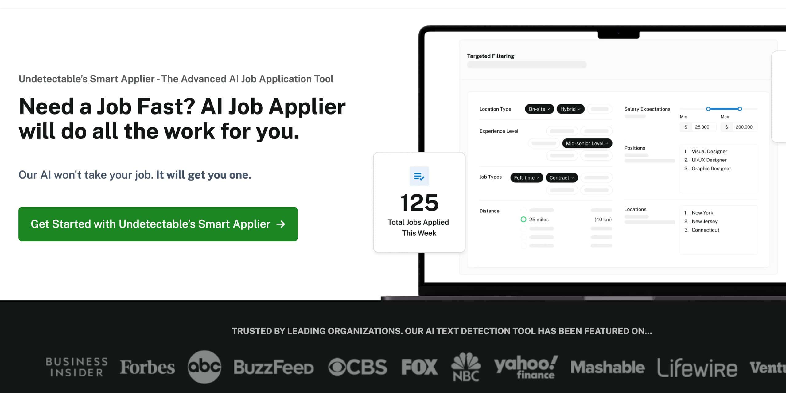 Undetectable AI Smart Applier landing page showing the job application automation interface