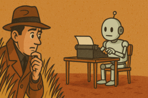 A detective trying to track a robot pretending to be a human writer, generated with ChatGPT