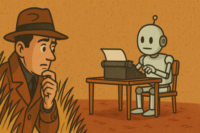 A detective trying to track a robot pretending to be a human writer, generated with ChatGPT