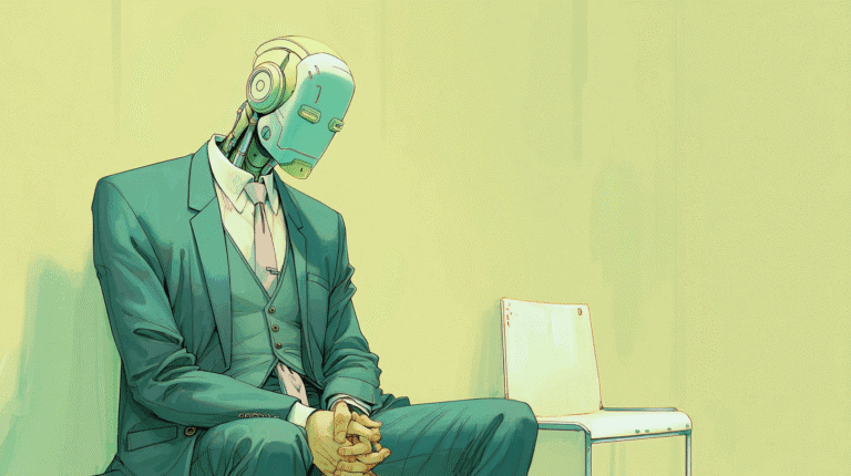 A robot pretending to be a person, generated with Midjourney