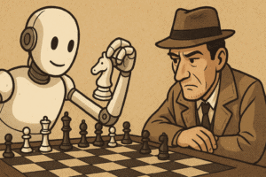 An AI and a detective locked in a chess battle, generated by ChatGPT