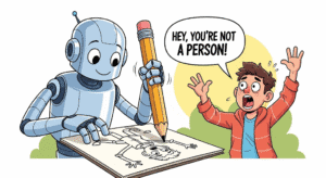 A human artist panicking about a robot taking his job, generated with Gemini