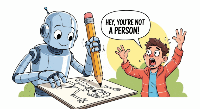A human artist panicking about a robot taking his job, generated with Gemini