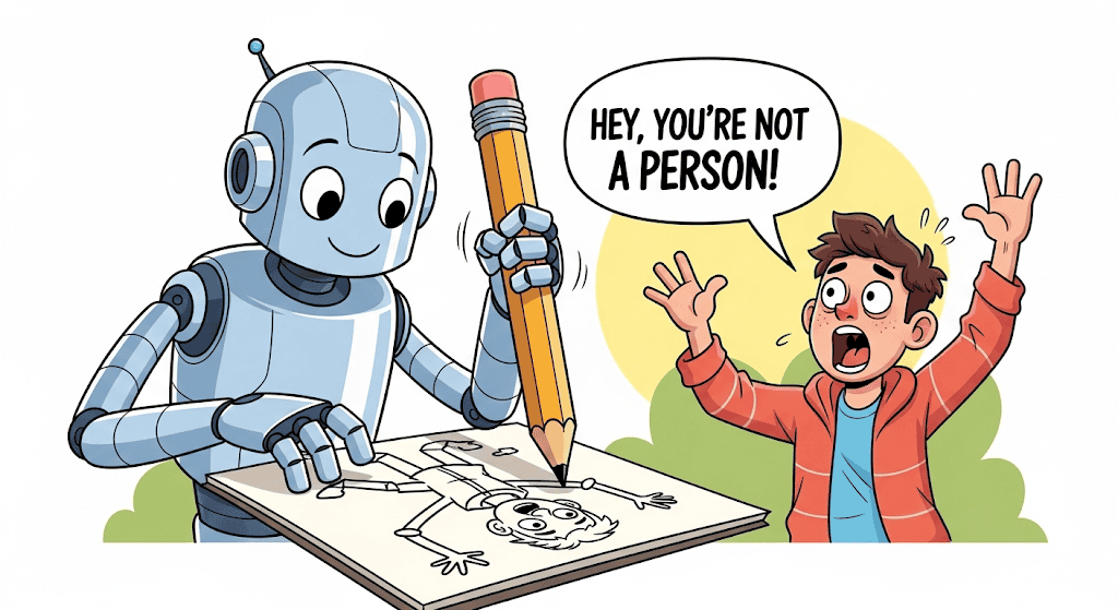 A human artist panicking about a robot taking his job, generated with Gemini