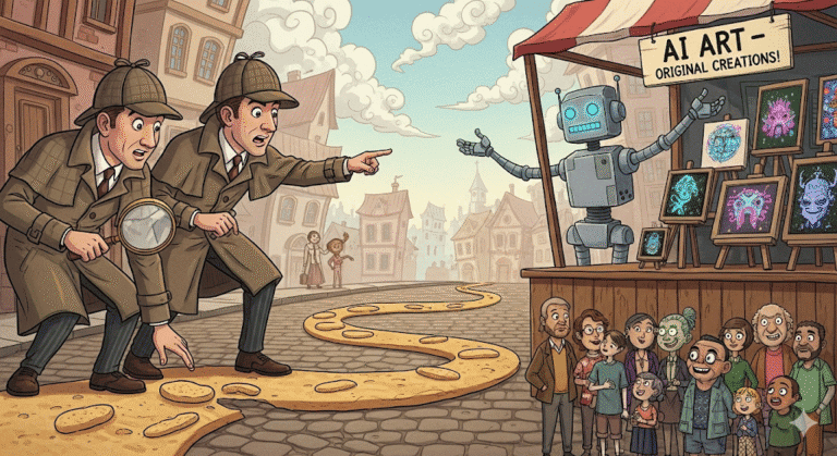Two detectives catching an illegal AI art exhibit, generated by Gemini