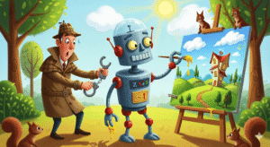 A detective trying to catch a robot painter, generated with Gemini