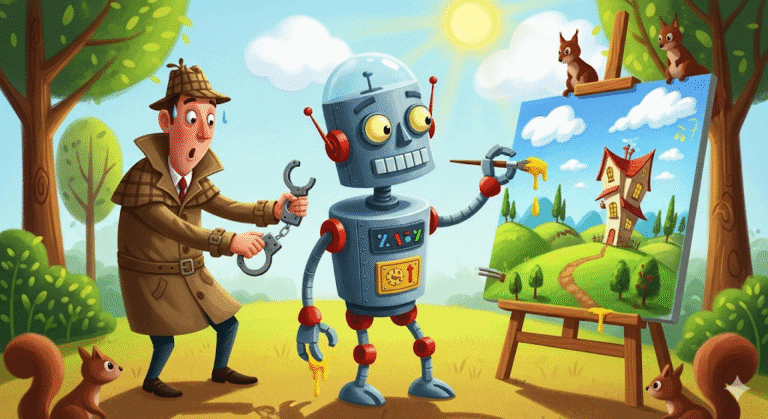 A detective trying to catch a robot painter, generated with Gemini